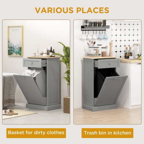HOMCOM Tilt Out Trash Cabinet, Hidden Garbage Bin Cabinet with Drawer and Solid Wood Countertop, Free Standing Kitchen Trash Can Holder, Grey