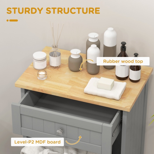 HOMCOM Tilt Out Trash Cabinet, Hidden Garbage Bin Cabinet with Drawer and Solid Wood Countertop, Free Standing Kitchen Trash Can Holder, Grey