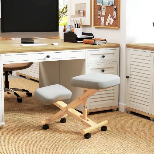 HOMCOM Ergonomic Kneeling Chair, Rolling Desk Stool with Solid Rubberwood Frame, Posture Chair for Office, Posture Correction, Cream White