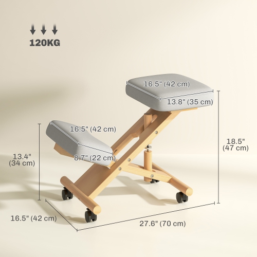 HOMCOM Ergonomic Kneeling Chair, Rolling Desk Stool with Solid Rubberwood Frame, Posture Chair for Office, Posture Correction, Cream White