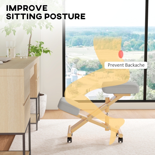 HOMCOM Ergonomic Kneeling Chair, Rolling Desk Stool with Solid Rubberwood Frame, Posture Chair for Office, Posture Correction, Cream White