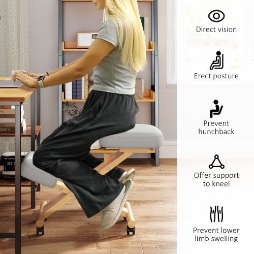 HOMCOM Ergonomic Kneeling Chair, Rolling Desk Stool with Solid Rubberwood Frame, Posture Chair for Office, Posture Correction, Cream White