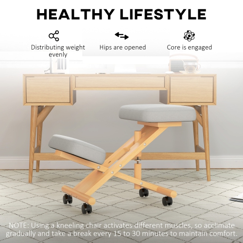 HOMCOM Ergonomic Kneeling Chair, Rolling Desk Stool with Solid Rubberwood Frame, Posture Chair for Office, Posture Correction, Cream White