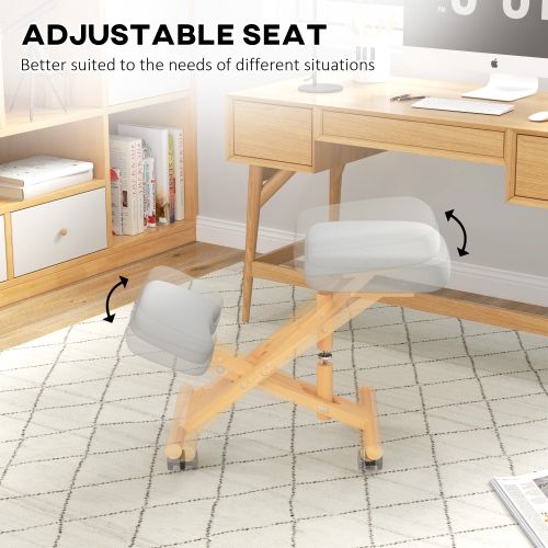HOMCOM Ergonomic Kneeling Chair, Rolling Desk Stool with Solid Rubberwood Frame, Posture Chair for Office, Posture Correction, Cream White
