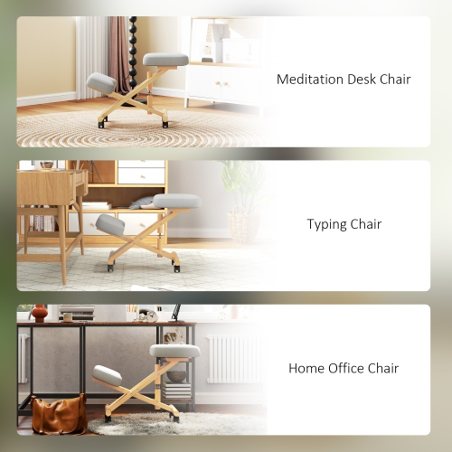 HOMCOM Ergonomic Kneeling Chair, Rolling Desk Stool with Solid Rubberwood Frame, Posture Chair for Office, Posture Correction, Cream White