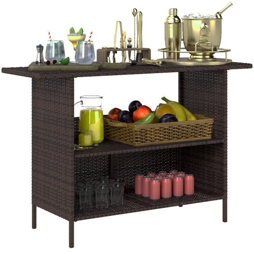 Outsunny Wicker Outdoor Bar Table, PE Rattan Bar Height Patio Table with 2 Shelves, All Weather Patio Bar Table with Steel Frame for Garden, Backyard