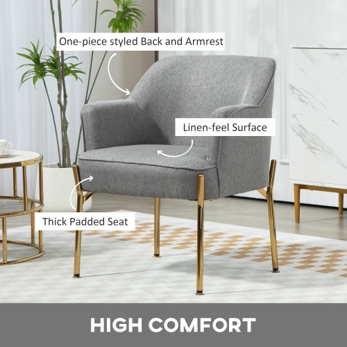 HOMCOM Fabric Accent Chair, Armchair, Modern Living Room Chair with Gold Metal Legs and Thick Padding for Bedroom, Grey