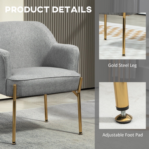 HOMCOM Fabric Accent Chair, Armchair, Modern Living Room Chair with Gold Metal Legs and Thick Padding for Bedroom, Grey