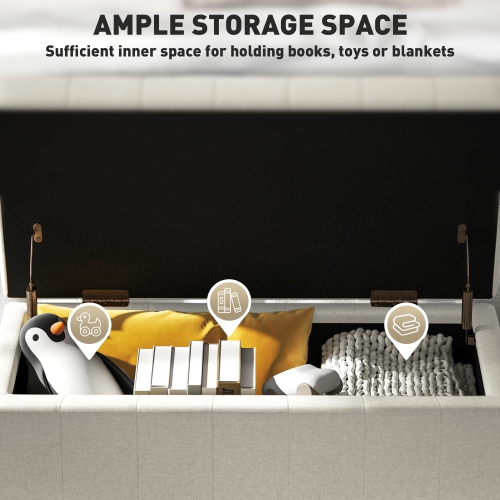 HOMCOM Storage Ottoman, Linen Fabric End of Bed Bench with Soft Close Lid, Button Tufted Storage Bench for Living Room, Entryway or Bedroom, 31.5" x