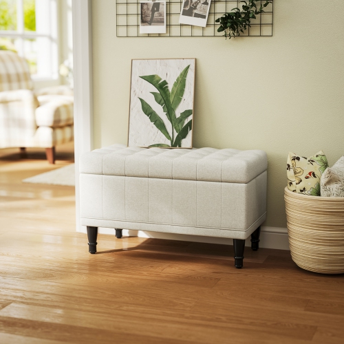 HOMCOM Storage Ottoman, Linen Fabric End of Bed Bench with Soft Close Lid, Button Tufted Storage Bench for Living Room, Entryway or Bedroom, 31.5" x