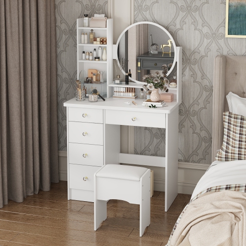Homsee Vanity Desk Set with Large Lighted Mirror, Makeup Table with 5 Drawers, Storage Shelves & Cushioned Stool for Bedroom , White