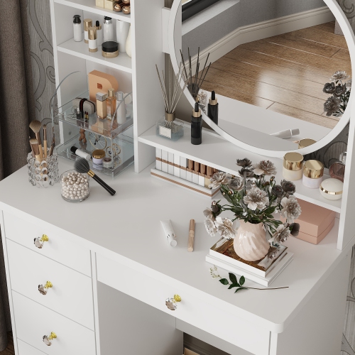 Homsee Vanity Desk Set with Large Lighted Mirror, Makeup Table with 5 Drawers, Storage Shelves & Cushioned Stool for Bedroom , White