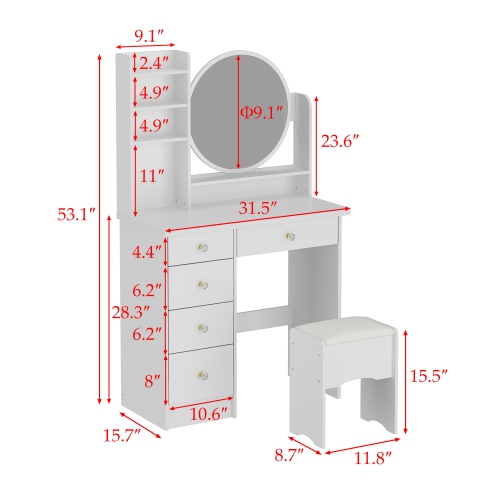 Homsee Vanity Desk Set with Large Lighted Mirror, Makeup Table with 5 Drawers, Storage Shelves & Cushioned Stool for Bedroom , White