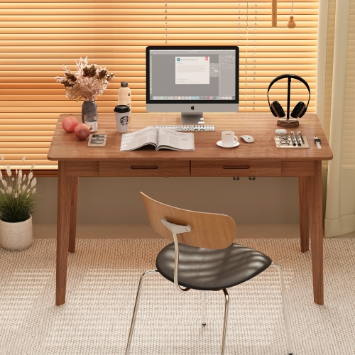 Homsee Modern Wooden Writing Desk with Two Storage Drawers, Home Office Table, Dark Brown