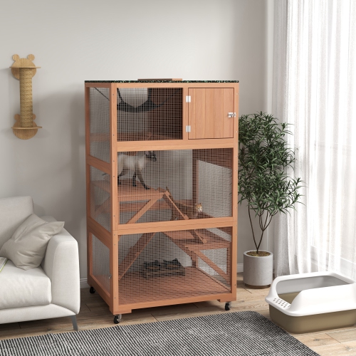 PAWHUT  66"h Catio On Brake Wheel, Indoor Outdoor Cat Enclosure Cage \w Weatherproof Roof Hammock Multiple Platforms Resting Condo Ramps Lockable