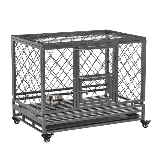PawHut Heavy Duty Dog Crate, Metal Dog Kennel Cage with Wheels, Openable Top, Removable Tray, Stainless Steel Bowl, for Small, Medium, Large Dogs,