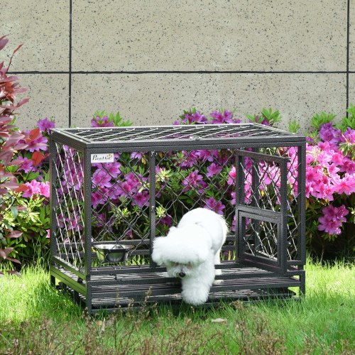 PawHut Heavy Duty Dog Crate, Metal Dog Kennel Cage with Wheels, Openable Top, Removable Tray, Stainless Steel Bowl, for Small, Medium, Large Dogs,