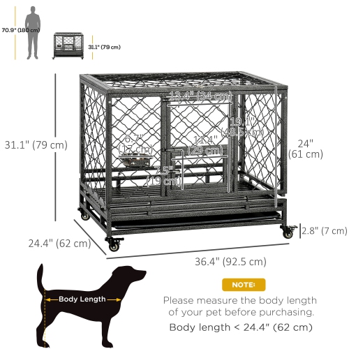 PawHut Heavy Duty Dog Crate, Metal Dog Kennel Cage with Wheels, Openable Top, Removable Tray, Stainless Steel Bowl, for Small, Medium, Large Dogs,