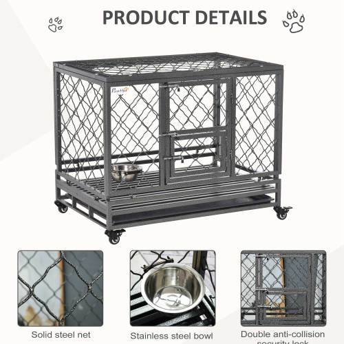 PawHut Heavy Duty Dog Crate, Metal Dog Kennel Cage with Wheels, Openable Top, Removable Tray, Stainless Steel Bowl, for Small, Medium, Large Dogs,