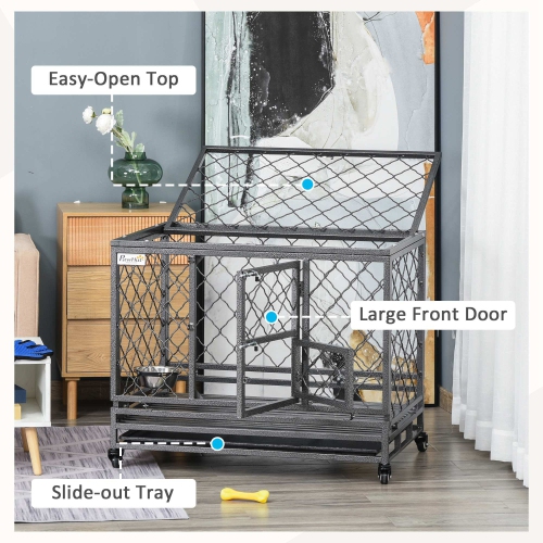 PawHut Heavy Duty Dog Crate, Metal Dog Kennel Cage with Wheels, Openable Top, Removable Tray, Stainless Steel Bowl, for Small, Medium, Large Dogs,