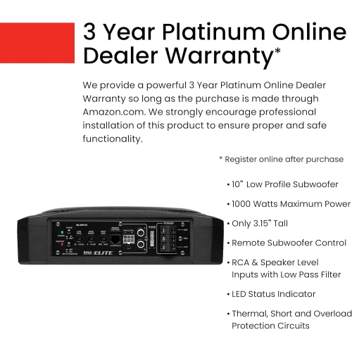 BOSS Audio Systems Elite SLIM10 Amplified Car Subwoofer - Low Profile, 10 Inch Subwoofer, Remote Subwoofer Control, for Vehicles Needing Bass with