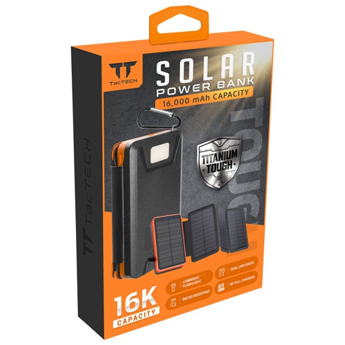 TacTech 16,000 mAh USB-A/USB-C Solar Power Bank with LED Flashlight (ETTPB16MP) - Black/Orange by TACTECH - Refurbished condition - Image 2