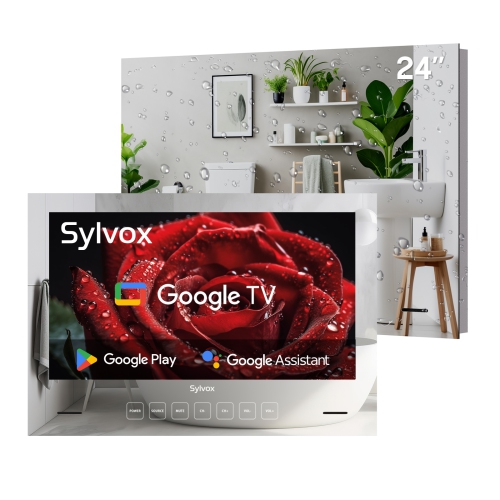 SYLVOX  24 Inch Smart Bathroom Tv, Newest Magic Mirror Tv for Bathroom, Google System Ntsc & Atsc Tuner, Ip65 Waterproof Tv, 1080P 500Nits Brightness