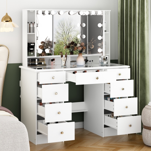 Meuble-lavabo Homsee avec miroir LED trois couleurs, 9 tiroirs et tablettes de rangement pour chambre à coucher, blanc