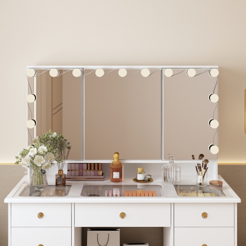 Meuble-lavabo Homsee avec miroir LED trois couleurs, 9 tiroirs et tablettes de rangement pour chambre à coucher, blanc