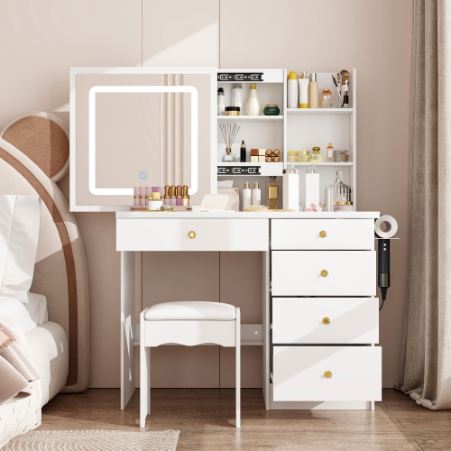 Homsee – Ensemble coiffeuse avec miroir coulissant LED, 5 tiroirs, tablettes de rangement et tabouret rembourré pour chambre à coucher, blanc