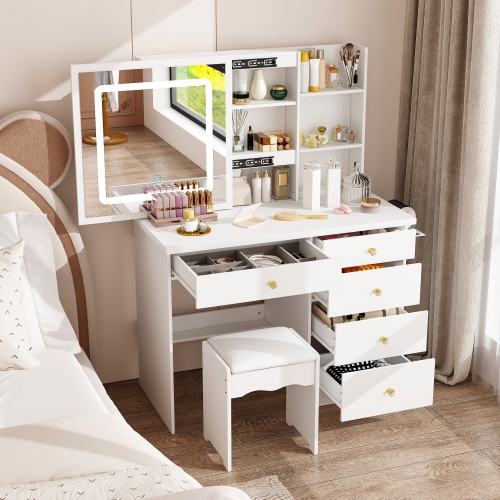 Homsee – Ensemble coiffeuse avec miroir coulissant LED, 5 tiroirs, tablettes de rangement et tabouret rembourré pour chambre à coucher, blanc