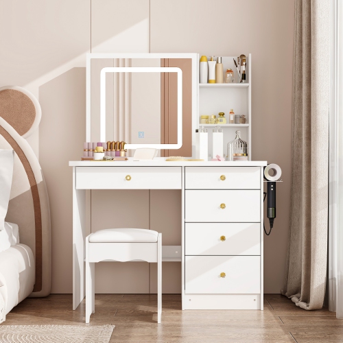 Homsee – Ensemble coiffeuse avec miroir coulissant LED, 5 tiroirs, tablettes de rangement et tabouret rembourré pour chambre à coucher, blanc