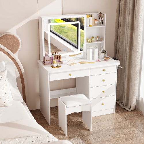 Homsee – Ensemble coiffeuse avec miroir coulissant LED, 5 tiroirs, tablettes de rangement et tabouret rembourré pour chambre à coucher, blanc