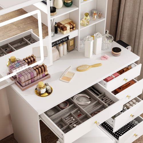 Homsee – Ensemble coiffeuse avec miroir coulissant LED, 5 tiroirs, tablettes de rangement et tabouret rembourré pour chambre à coucher, blanc