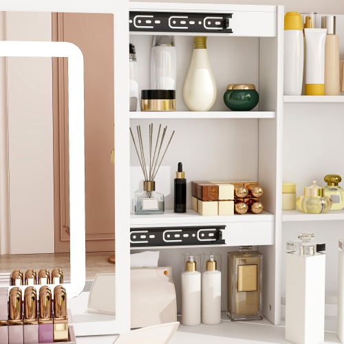 Homsee – Ensemble coiffeuse avec miroir coulissant LED, 5 tiroirs, tablettes de rangement et tabouret rembourré pour chambre à coucher, blanc