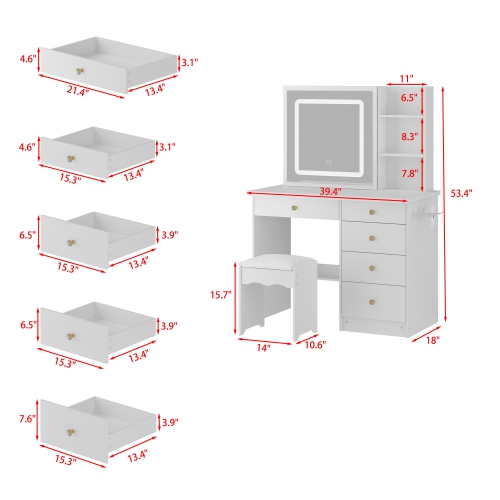 Homsee – Ensemble coiffeuse avec miroir coulissant LED, 5 tiroirs, tablettes de rangement et tabouret rembourré pour chambre à coucher, blanc