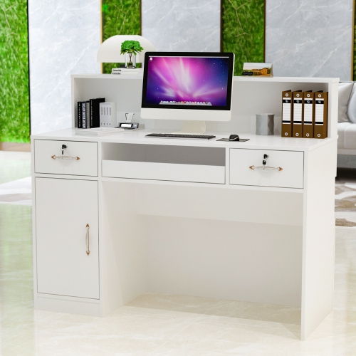 Homsee Reception Desk with Counter, Retail Checkout Desk with Lighted Display Shelf & Lockable Drawers for Salon or Office,White