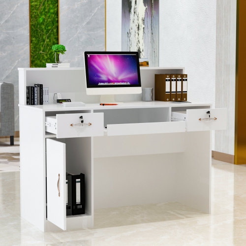 Homsee Reception Desk with Counter, Retail Checkout Desk with Lighted Display Shelf & Lockable Drawers for Salon or Office,White
