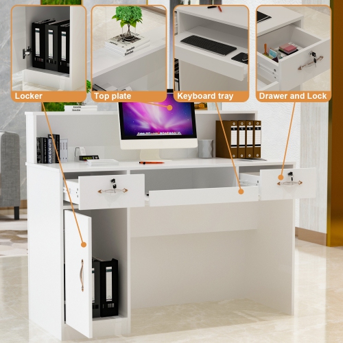 Homsee Reception Desk with Counter, Retail Checkout Desk with Lighted Display Shelf & Lockable Drawers for Salon or Office,White