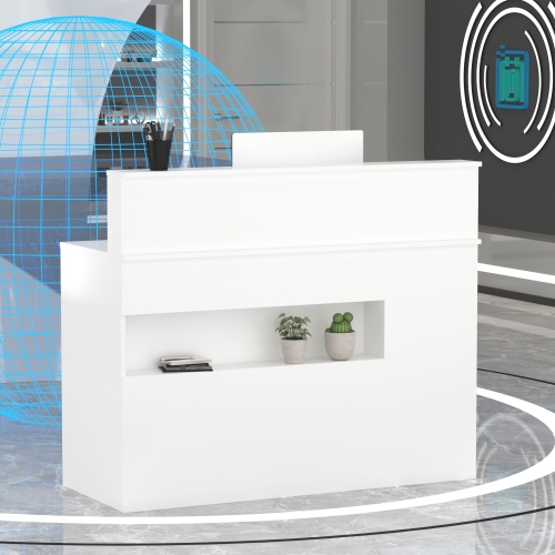 Homsee Reception Desk with Counter, Retail Checkout Desk with Lighted Display Shelf & Lockable Drawers for Salon or Office,White