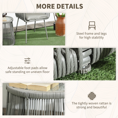 Outsunny 3 Pieces Wicker Patio Furniture Set, Rattan Bistro Set with Coffee Table and Cushions, Outdoor Conversation Set for Garden, Porch, Balcony,