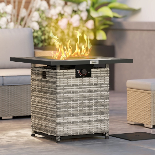 Outsunny 28 Inch Outdoor Propane Fire Pit Table, 40,000 BTU Rattan Gas Fire Pit Table with Rain Cover, Mesh Lid and Lava Stone, Square Propane Fire