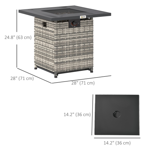 Outsunny 28 Inch Outdoor Propane Fire Pit Table, 40,000 BTU Rattan Gas Fire Pit Table with Rain Cover, Mesh Lid and Lava Stone, Square Propane Fire