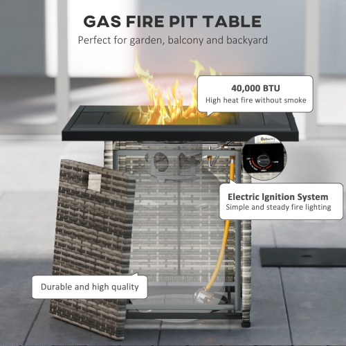 Outsunny 28 Inch Outdoor Propane Fire Pit Table, 40,000 BTU Rattan Gas Fire Pit Table with Rain Cover, Mesh Lid and Lava Stone, Square Propane Fire