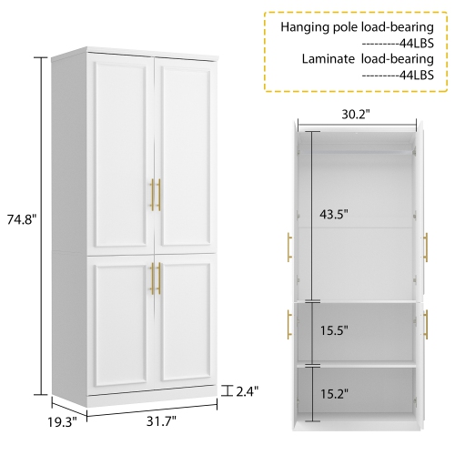Homsee Wardrobe with Shelves and Hanging Rods for Bedroom Storage, White