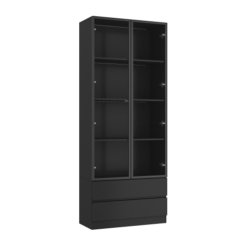 HOMSEE  Modern Display Cabinet With Glass Doors, Adjustable Shelves, And Storage Drawers (31.5" W X 14.2" D X 78.7" H) In Black