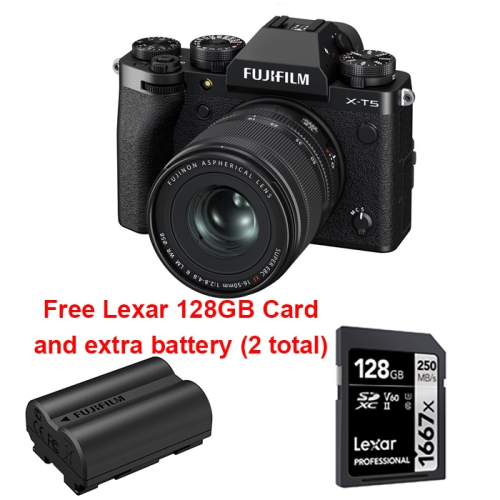 Fujifilm X-T5 Bundle with XF16-50mm f2.8-4 LM WR lens kit Blk + Lexar 128GB 1667x Card + NPW235