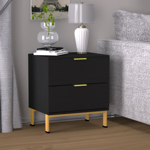 Homsee Black Nightstand with 2 Drawers and Gold Metal Legs, Sleek and Functional Bedside Table,Black