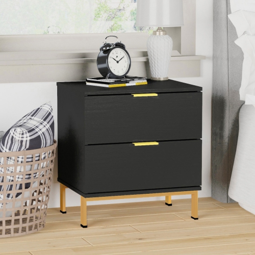 Homsee Black Nightstand with 2 Drawers and Gold Metal Legs, Sleek and Functional Bedside Table,Black