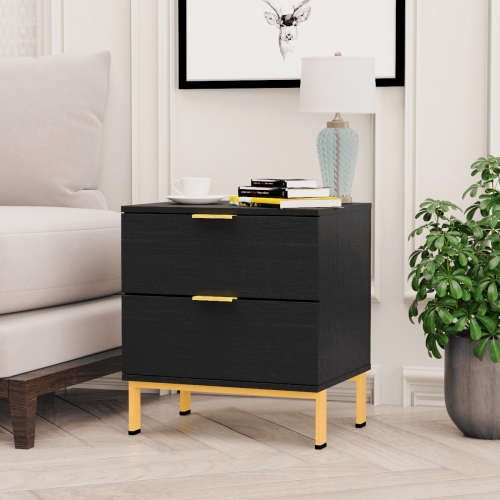 Homsee Black Nightstand with 2 Drawers and Gold Metal Legs, Sleek and Functional Bedside Table,Black